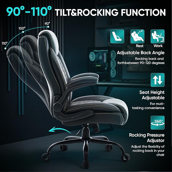Big and Tall Office Chair 600lbs, Heavy Duty Ergonomic Executive Desk with Adjustable Armrests, Wide Seat, PU Leather Fabric, Adjustable Height, Comfortable Office Chair for Heavy People