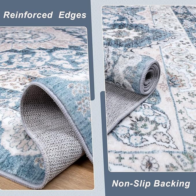 Macgace 5x7 Area Rug for Bedroom, Machine Washable Rugs with Non-Slip Backing for Living Room, Soft Vintage Carpet Kitchen Laundry Kids Room Decor, Blue & Beige