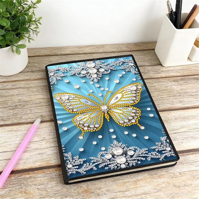 FRANDEK Diamond Art Painting Notebook Kit, White Butterfly A5 DIY Journal with 50 Blank Pages, Crystal Rhinestone Cover with Waterproof Canvas, Beginner Craft Set with Full Tools for Adults