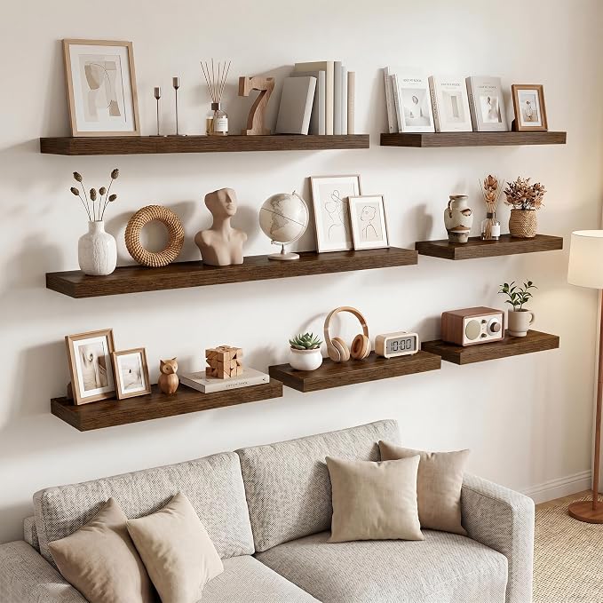 Marsmiles 55in Floating Shelves for Wall, 72" W x 9.25" D x 1.5" H, Long Wall Mounted Engineered Wood Shelves with Invisible Brackets for Living Room, Bedroom, Bathroom, Kitchen, Walnut, 2Pcs