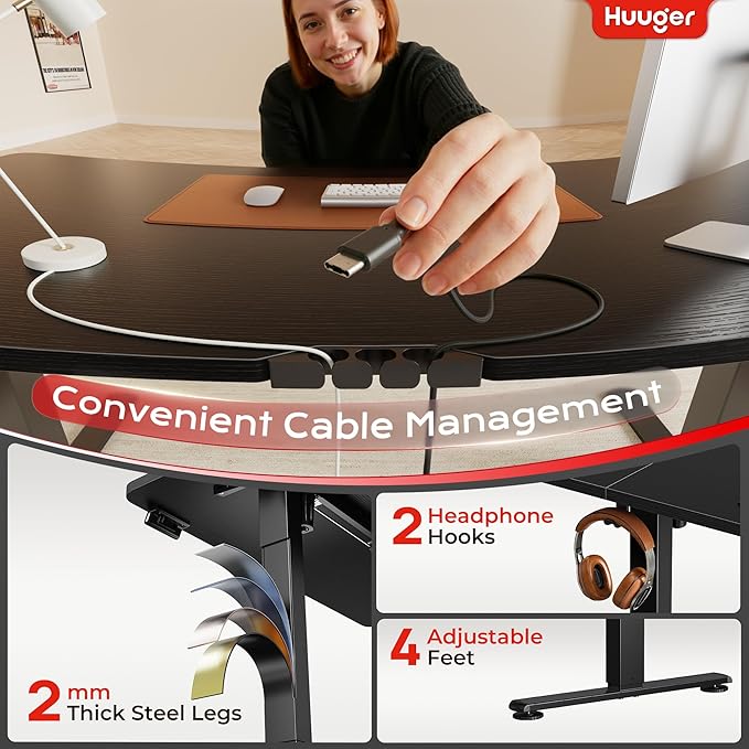 Huuger Electric Standing Desk with Power Outlets and USB-C Port, 39 X 24 Inch Height Adjustable Desk, Sit Stand Desk for Home Office, Computer & Gaming Desk with 4 Presets, Stable Steel Frame, Black