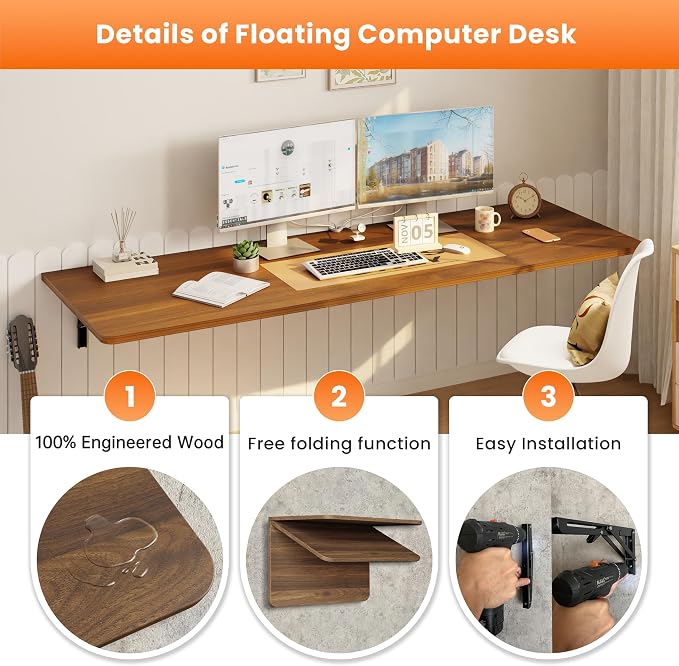 IAE Wall Mounted Floating Foldable Desk 60" x 22" Folding Computer Workstation Table with Engineered Wood and Metal Shelf Brackets,Fold&Floating Design for Home Office, Apartment,Laundry Room,Walnut