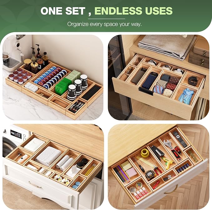 9-Pack Solid Wood Junk Drawer Organizer, Modular Desk Drawer Tray & Accessories with Non-Slip Pad, Multi-Use for Kitchen, Office, Bedroom Dresser, Utensil, Makeup, Stationery, Tea Bags & Coffee Pod