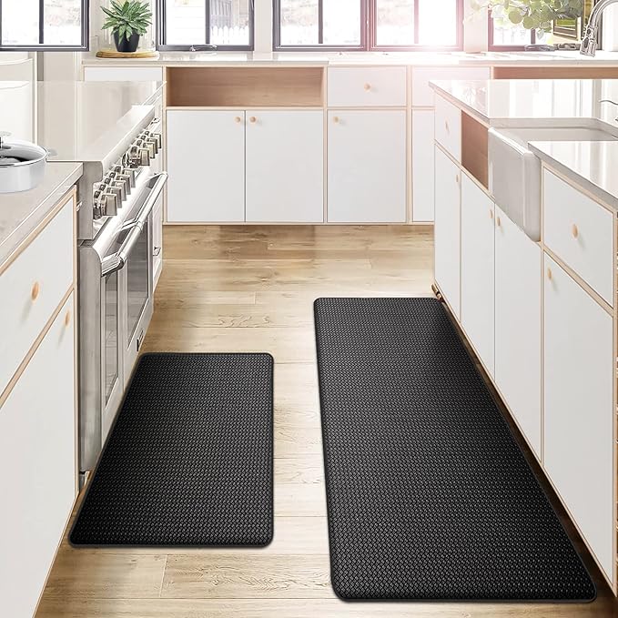 Kitchen Mats and Rugs Set of 2 - Cushioned Anti-Fatigue Kitchen Rug for Floor Washable 17"x29" +17"x59", Black
