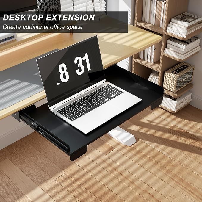 26 Inch Under Desk Mounted Sliding Loptop Drawer, Desktop Extension Pull-Out Laptop Tray for Office Desk, Extra Storage Organizer for Sit Stand Workstation