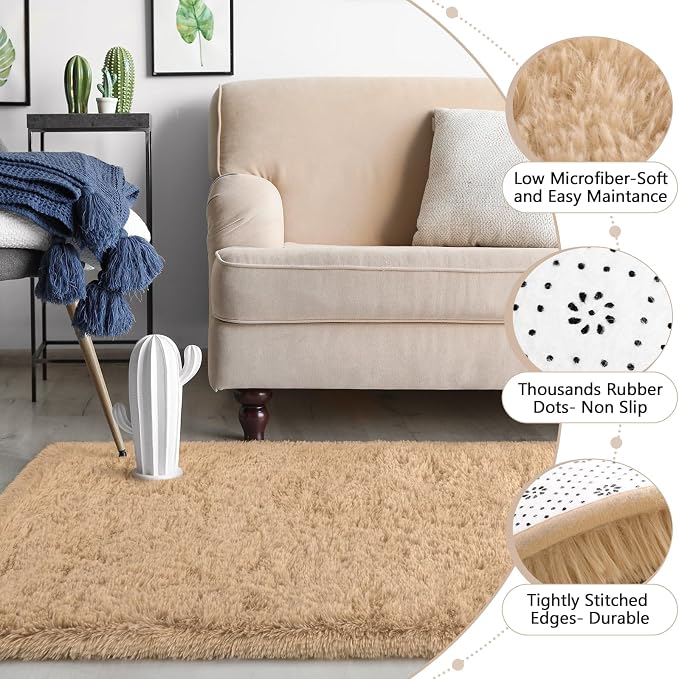 HOMORE 2x6 Runner Rugs for Bedroom, Light Tan Runner Rug for Hallway Entryway Laundry, Modern Shag Bedroom Runner Cute Carpets for Kids Dorm Bedside