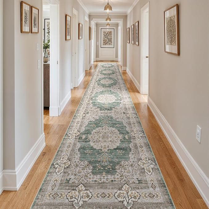 3x20 Washable Hallway Runner Rug:Oriental Indoor Kitchen Rugs Vintage Door Mat Non Slip with Rubber Backing Low Pile Thin Carpet for Bedroom Bathroom Living Room Bedside (3x20 Green/Beige)