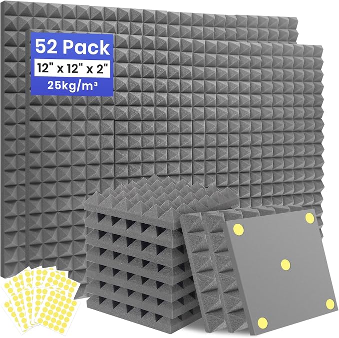 Focusound 52 Pack Sound Proof Foam Panels for Walls, 12" X 12" X 2" Pyramid Acoustic Foam Panels, High Density Noise Reduction Soundproof Panels for Studio Game Room with 300PCS Double-Side Adhesive