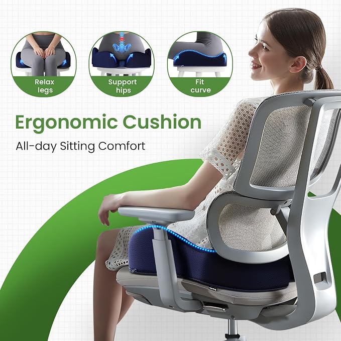 A-Pce Ergonomic Large Memory Foam Seat Cushion for Office Chair, Deep Blue | Relieves Sciatica, Lower Back & Coccyx Pain, Suitable for Office Chair, Car Seat & Driving
