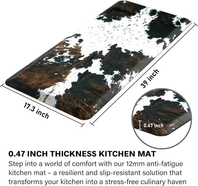 Tyrot Cowhide Kitchen Mat Cushioned Anti Fatigue - 1/2 Inch Thick Western Cow Kitchen Mats for Floor, Non Slip PVC Waterproof Standing Desk Ergonomic Comfort Rugs for Sink, Office, Laundry, 17.3x39