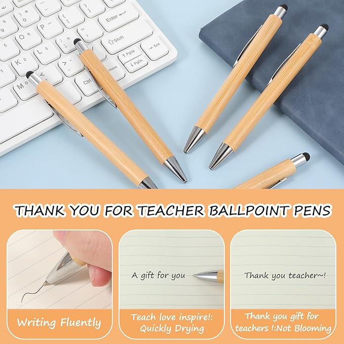 50Pcs Bamboo Pens, Bulk Wooden Pens, Engraving Wooden Ballpoint, Wood Natural Engraving Retractable Pen for Women Men Office Teacher Volunteer (Stylus Cap)