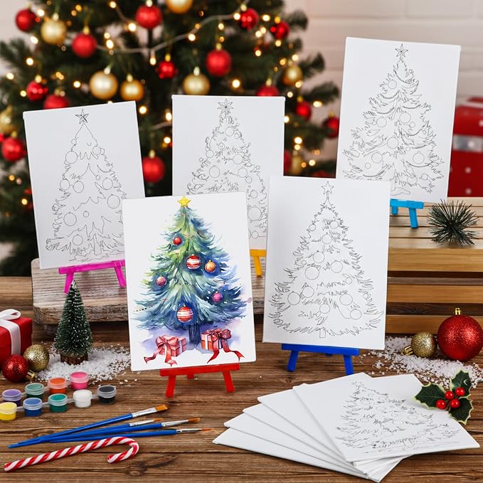 Blosssound 10 Set Pre Printed Canvas Pre Drawn Canvas Painting with Easel Kits 5" x 7" Outline Painting Panels for Beginners, DIY Craft Project, Party Favor, Home Decors (Christmas Tree)