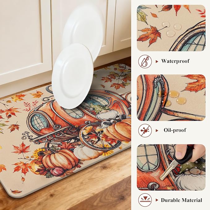 Ileading Fall Kitchen Mats Anti Fatigue, Pumpkin Kitchen Rugs Sets of 2 | Cushioned Non Slip Autumn Kitchen Mats for Floor, Waterproof Padded Floor Carpet for Harvest Thanksgiving