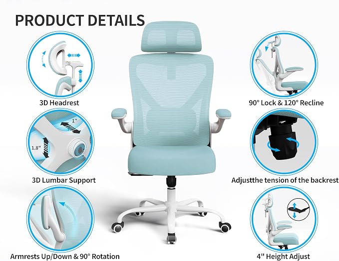 Ergonomic Office Chair: Mesh Desk Chair Comfy with Headrest& Lumbar Support | Ergalithic Big and Tall Office Chairs with Wheels & Flip-Up Arms-Computer Gaming Chairs for Adults Home Office(Lake Blue)
