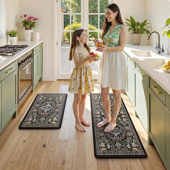 KIMODE Anti Fatigue Kitchen Mats for Floor 2 Piece, Black Vibrant Floral Kitchen Rugs 17"x47"+17"x29", Non Slip Waterproof Kitchen Floor Mats, Standing Mats for Laundry Office Sink Desk