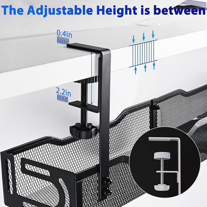 Under Desk Cable Management Tray 25.3 Inch, Clamp-On Cable Organizer Box for Standing Desks, No Drill Cord Management Under Desk, Large Desk Wire Organizer for Office & Home, Black