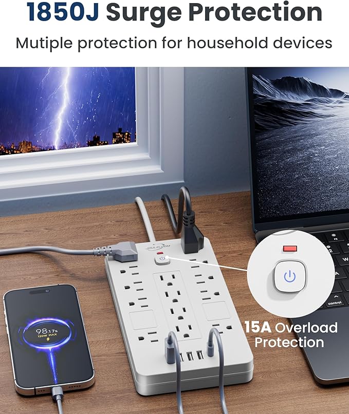 Surge Protector Power Strip-14 Outlets and 6 USB Ports, 6 Feet Flat Plug Extension Cord, 1850 Joules, White, ETL Listed for Home, Office, Dorm Room