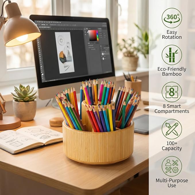 360° Rotating Pen Holder for Desk Organizer, Bamboo Lazy Susan Marker Storage, Wooden Spinning Caddy for Colored Pencil, Art Paint Brush, Makeup Brushes, Office & Craft Supply