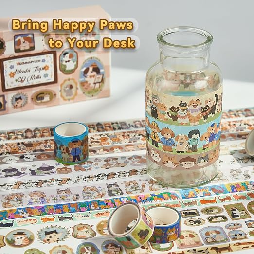 Cat & Dog Washi Tapes Set 20 Rolls, Cute Decorative Masking Tape for Junk Journal, Scrapbooking Supplies, DIY Crafting Supplies