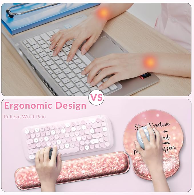 Desk Mat Set + Keyboard and Mouse Pad with Wrist Rest Support,4-in-1 Large Mousepad Computer Mats for Desktop Home & Office-Glitter Pink