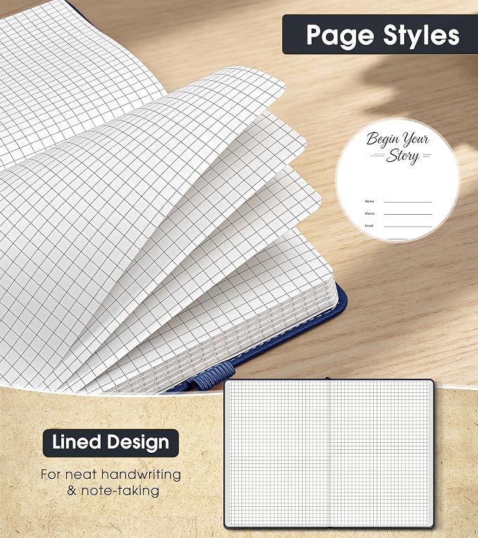 A5 Leather Hardcover Graph Paper Notebook, 160 Pages (5 Squares/Inch), 180° Lay-Flat Binding, 100 GSM Thick Paper, for Math, Engineering, Students & Technical Work (Navy)
