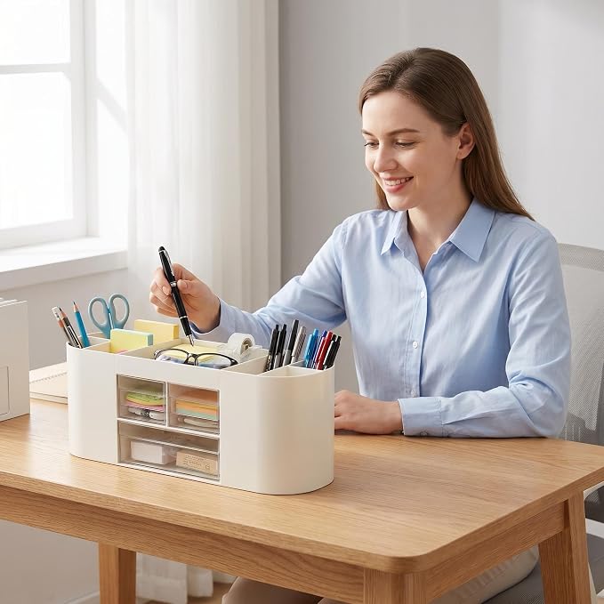 Desk Organizer with Drawers, Office Supplies Storage, White | Customizable desktop storage with removable dividers and 3 clear drawers for pens, notes, clips and everyday office supplies.
