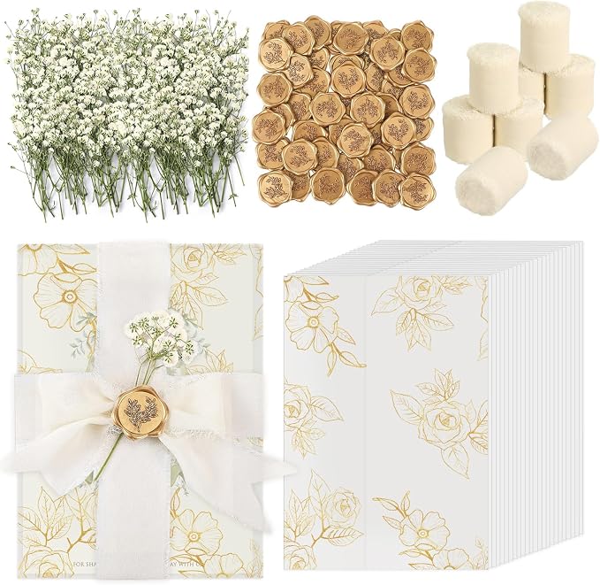 Wedding Invitation Accessories Kit, Pre-Folded Vellum Jackets for 5×7 Invitations with Wax Seal Stickers, Ribbon & Dried Flowers, Elegant Wedding Invitation Accessories for DIY Bridal Invites (Gold-Rose, 50)