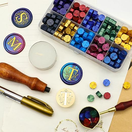 SWANGSA Initial Alphabet T Wax Seal Stamp Kit, Classic Retro Letter Sealing Stamp with 200pcs Sealing Wax Beads Kit for Wedding Invitations Cards Envelopes (T)