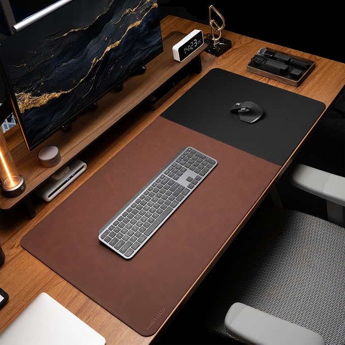 HAUTOCO Cork Desk Mat 31.5"x15.7", Distressed PU Leather & Cloth Desk Pad | Waterproof, Non-Slip, Stitched Edges, Brown Large Gaming Mouse Pad, Laptop Blotter & Desk Protector for Office and Home
