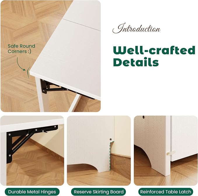 HDDFER Folding Desk with Built-in Outlet,for Small Spaces,Hidden Desk with Storage Shelf, Foldable Computer Desk for Bedroom Home Office, Mid Century Modern Fold Out Table Writing Table, White
