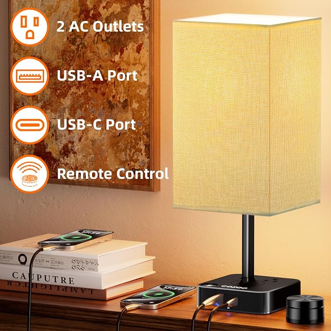 cozoo Bedside Table Lamp for Bedroom, 3 Way Dimmable & Remote Control Stepless Dimming Touch Nightstand Lamp, 2 USB Ports and 2 AC Outlets, Small Desk Light for Living Room, Bed, Study, Beige