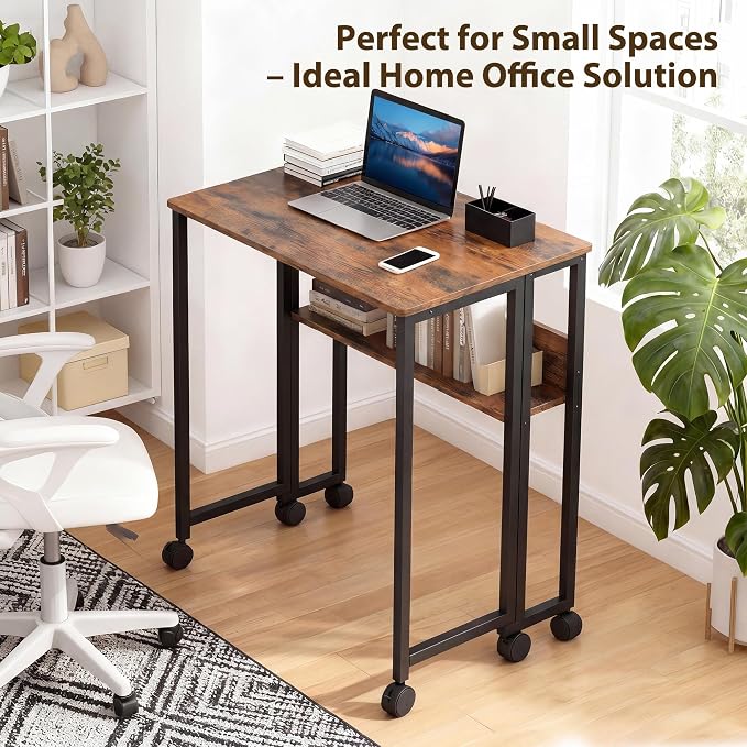 Garvee Folding Desk Small Rolling Desk with Storage Shelf,24.8 Inch Foldable Computer Table for Small Spaces, Space Saving Sofa Table with Wheels for Home Office, Study, Easy Assembly,Walnut