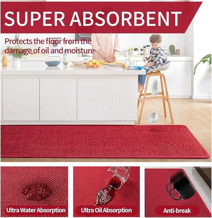 YDKGL Kitchen Mats for Floor, Super Absorbent Kitchen Rugs Non Slip Washable, Soft Imitation Linen Braided Kitchen Runner Rug, Standing Mat Kitchens Sink Mat, Easy to Clean, Red 17x95