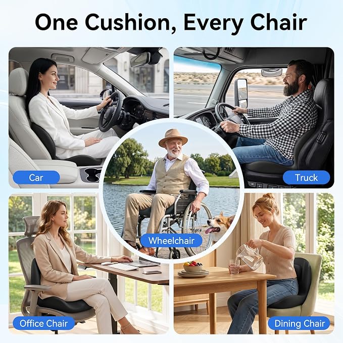 Seat Cushion for Office Chair and Car, Lumbar Support Pillow for Chair | Memory Foam Ergonomic Orthopedic Cushion Relieve Tailbone Sciatica Lower Back Pain for Office Desk Chair, Car, Truck, Black