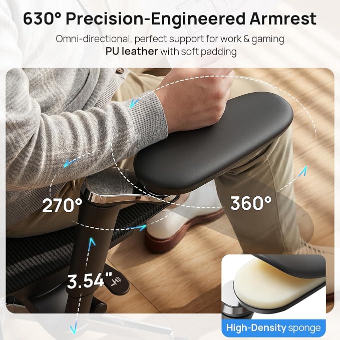 Ergonomic Mesh Office Chair - 10 Hours Comfort Dual Lumbar Support, 330lbs | 630° Armrests, 3D Headrest, Adjustable Seat Depth, Tilt &4- Lock, BIFMA, 5'0"-6'5" Fit, Home & Office Long Work No Back Pain