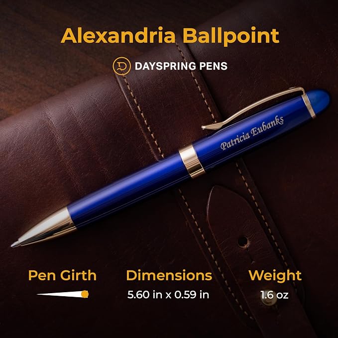 Dayspring Pens Alexandria Blue Ballpoint Pen, Blue with Gold Trim, Large Barrel, Gold Engraving on Cap, Parker G2 Refill Compatible, Gift for Graduation, Career Advancement, Birthdays