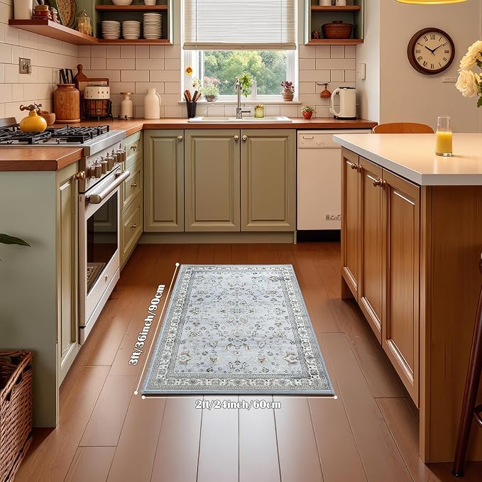 Light Blue 2x3 Washable Entryway Rug, Small Boho Non Slip Area Rugs, Vintage Floral Throw Door Mat, Aesthetic Low Pile Carpet for Kitchen Indoor Farmhouse Entrance Bedroom