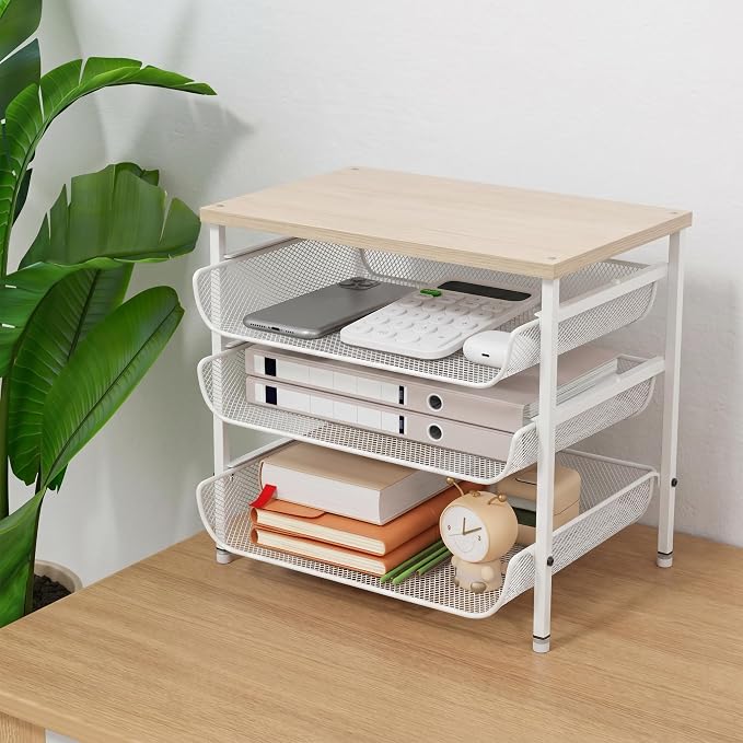 4-Tier Mesh Desk Organizer with Drawer Wooden Top Desktop Organizers File Holder Letter Tray Supplies Paper Organizer Home Office Accessories White