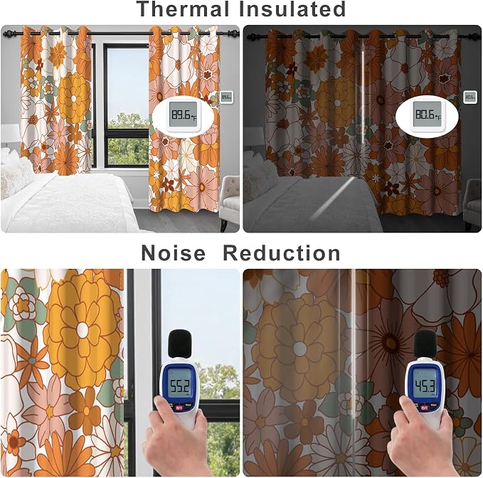 Boho Floral Blackout Curtains for Bedroom 84 inch Long 2 Panels Set, Bohemian Patterned Black Out Curtains for Living Room Farmhouse Grommet Heat Blocking Soundproof Room Darkening Window Drapes