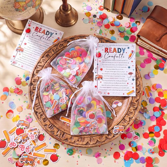 AmazingSpark 24 Sets Ready Confetti Back to School Supplies Magic Jitter Glitter with Poem Cards Organza Bags First Day of School Confetti Anxiety Relief Favor Gifts for Teachers(Cute)