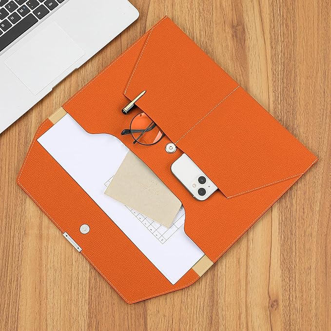 VANRA File Folder Document Holder Organizer Waterproof Portfolio Leather Folder Case with 3 Pockets, Filing Envelopes for A4 Letter Size Paper with Snap Magnetic Button Closure (Orange)
