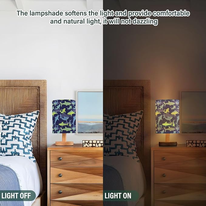 Table Lamp Shark Underwater Pattern Nightstand Lamp with Wood Base Fabric Lamp Shade Bedside Desk Lamp for Living Room Bedroom Kids Room Office