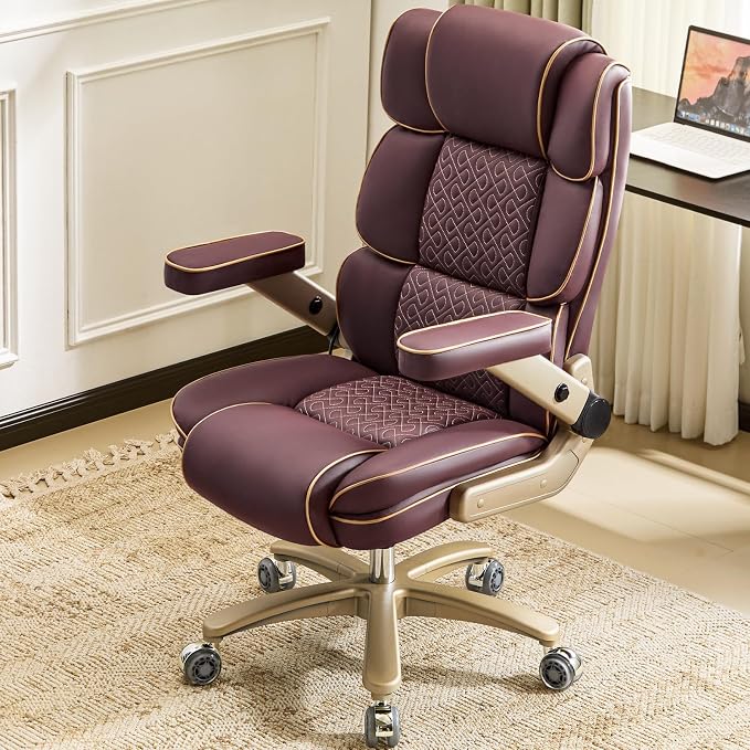 Heavy Duty Executive Leather Chair, Big and Tall Office Chair 500lbs with 5D Flip-up Armrests, Comfortable Seat, Adjustable Lumbar, High Back, Large Computer Desk Chair for Home Office, Brown