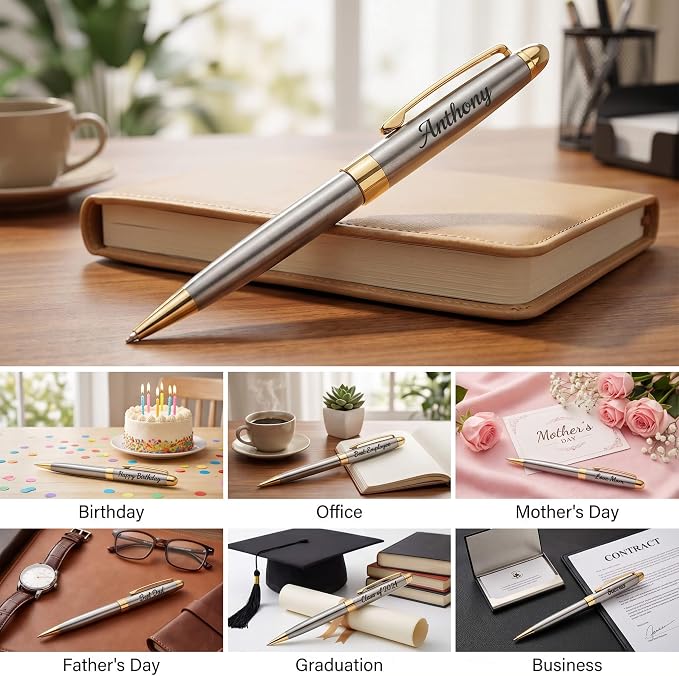 Ancolo Personalized Luxury Ballpoint Pen Writing Set-Stainless Steel Fancy pens Custom with Your Name or Message, Perfect for Students/Teacher/Manager/Lawyer/Professor 5PCS/Pack