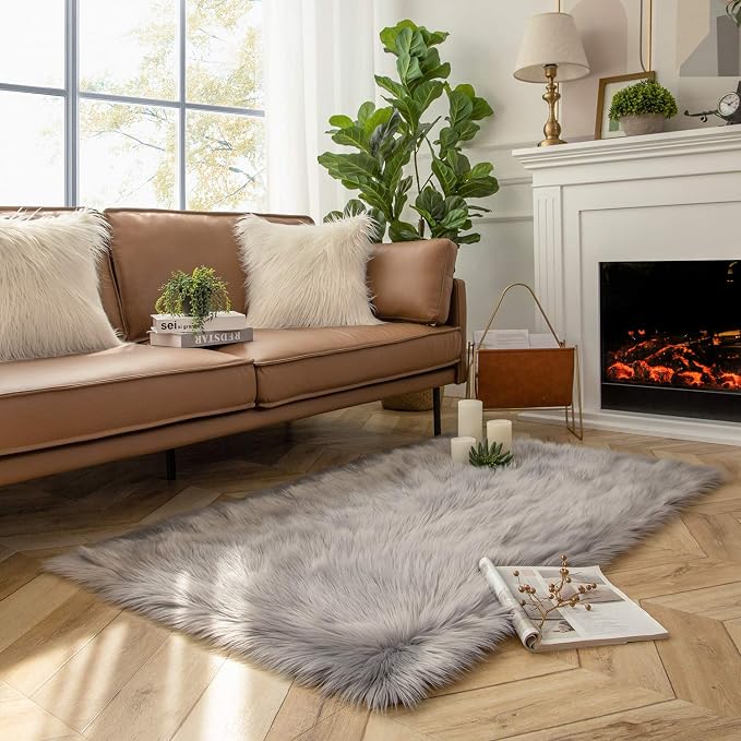 Ashler faux fur rug, Fluffy Shaggy Area Rug Ultra Soft 3 x 5 Feet Rectangle Fur Rug Grey Fuzzy Rug Machine Washable Shag Rug, Nursery Decor Throw Rugs for Bedroom, kids room, Living Room