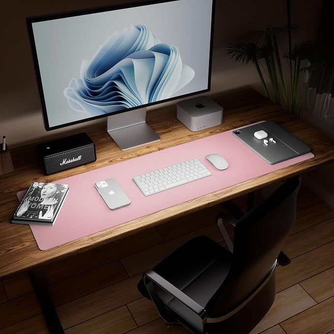 Aothia Leather Desk Pad Protector - Large Mouse Pad, Office Desk Mat, Non-Slip PU Leather Desk Blotter, Laptop Desk Pad, Waterproof Desk Writing Pad for Office and Home (Pink, 38" x 13.7")