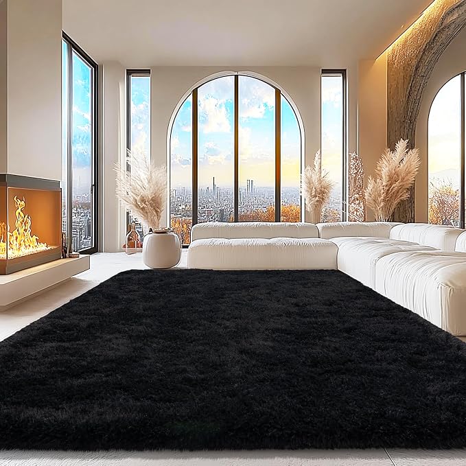 9x12 Area Rugs for Living Room, Black Fluffy Shaggy Rug Soft Carpets, Big Rugs for Bedroom Nursery Kids Room Dorm Home Decor Aesthetic