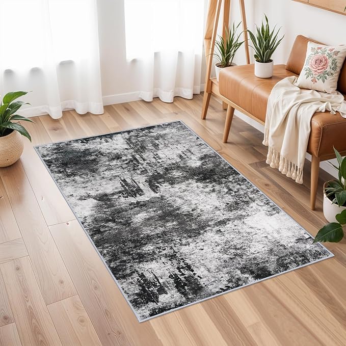 RUUGME 2x3 Abstract Area Rug: Small Washable Entryway Rug Indoor Non Slip Stain Resistant Kitchen Floor Mat for Sink Bathroom - Soft Low Pile Modren Thin Throw Carpet for Home Decor (2x3 Black-White)