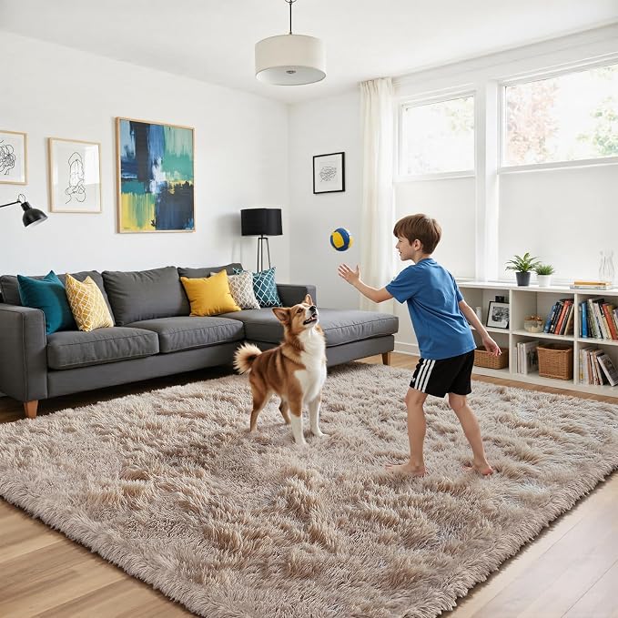 Fluffy Rug Shag Area Rug, Beige 4x6 Area Rugs for Bedroom, Small Bedside Rug, Soft Fluffy Shag Entryway Throw Rugs for Living Room Bedroom Room Home Decor