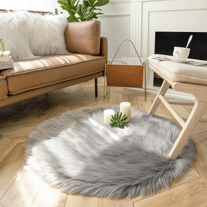 Ashler Faux Fur Rug, Fluffy Shaggy Area Rug Ultra Soft 3 x 3 Feet Round Fur, Grey Fuzzy Rug Machine Washable Shag Rug, Nursery Decor Throw Rugs for Bedroom, Kids Room, Living Room
